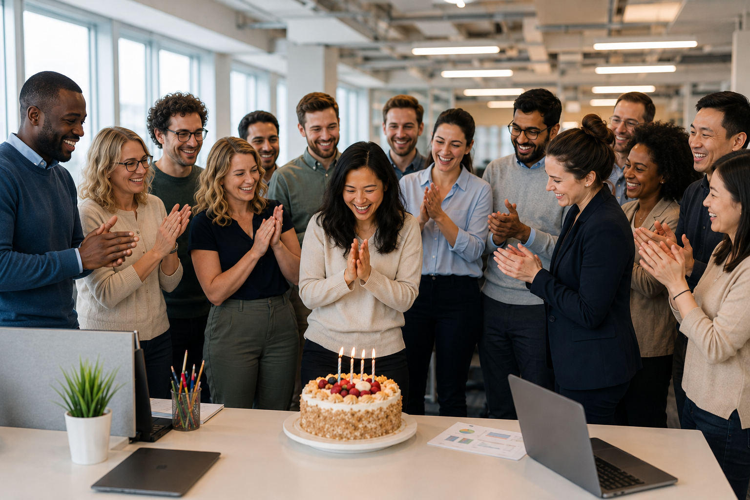 Surprise au bureau — une équipe diverse rassemblée autour d'une collègue souriante recevant une pyramide de choux à la crème dans un open-space parisien.