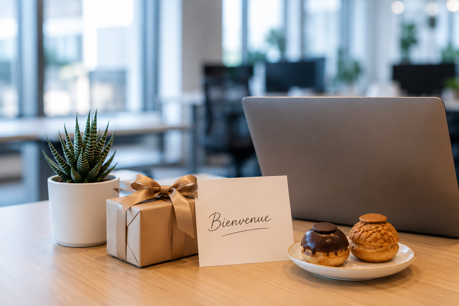 Bureau prêt pour un nouvel arrivant — ordinateur, mot de bienvenue manuscrit, plante et petite boîte cadeau emballée.